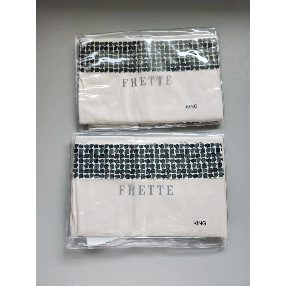New Frette 2 PC Set Pave Embroidery Cotton King Sham Beige Green #03